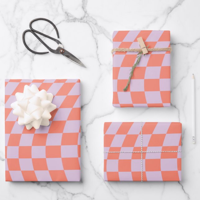 Retro Check Pattern Lilac And Orange Chequerboard Wrapping Paper Sheet (Front)