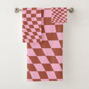 Retro Check Pattern Pink And Brown Chequerboard Bath Towel Set