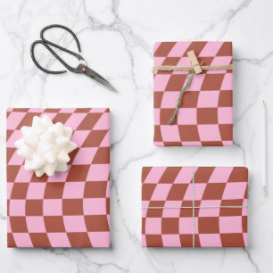 Retro Check Pattern Pink And Brown Chequerboard Wrapping Paper Sheet