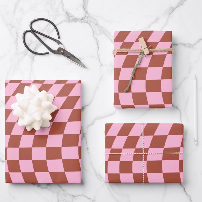 Retro Check Pattern Pink And Brown Chequerboard Wrapping Paper Sheet (Front)