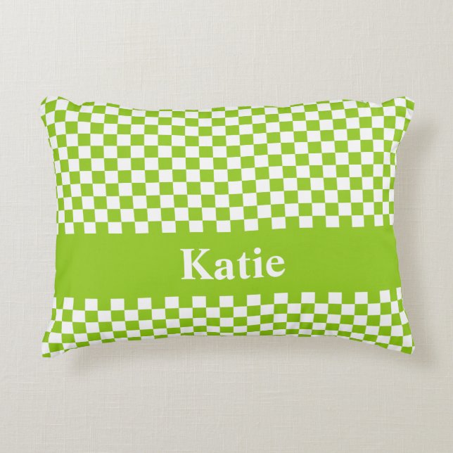 Retro Check Personalised Pattern in Lime Green Decorative Cushion (Front)
