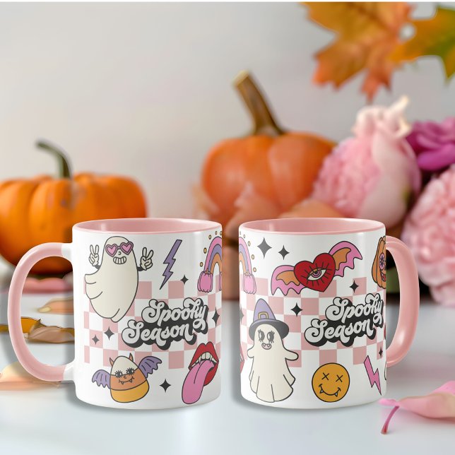 Retro Checked Spooky season girly Happy Halloween Mug (Retro Checked Spooky season girly Happy Halloween Mug)