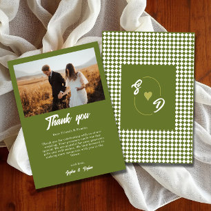 Retro Checker Olive green Minimalist Wedding Thank You Card
