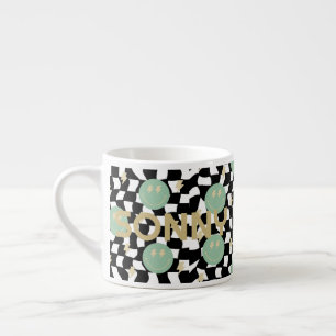 Retro Checker Sage Green Smiley Face Name Kid Mug