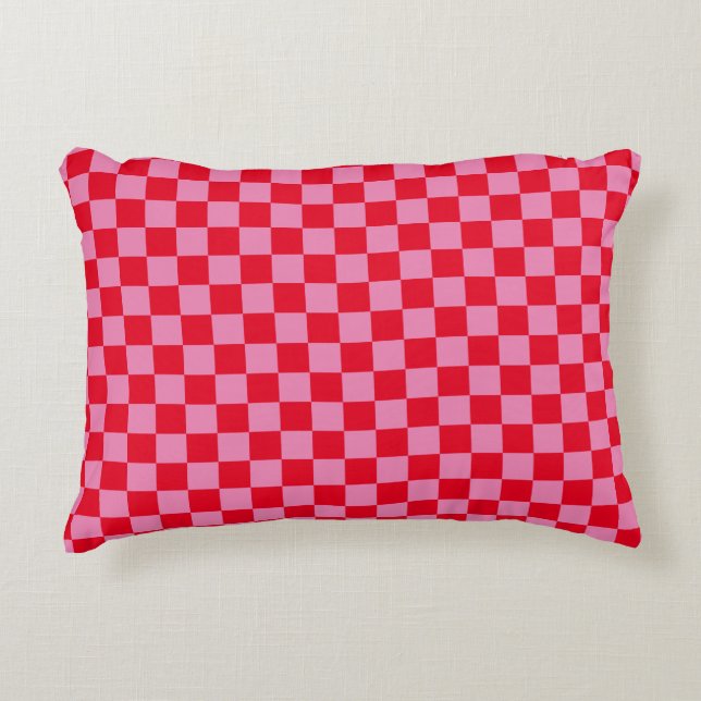 Retro Checkerboard Checkered Pattern Pink Orange Decorative Cushion (Front)
