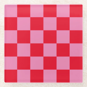 Retro Checkerboard Checkered Pattern Pink Orange Glass Coaster