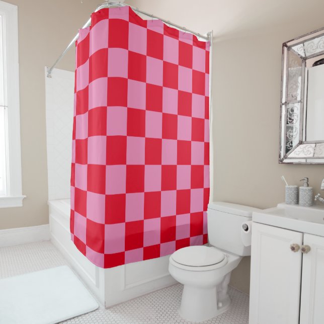 Retro Checkerboard Checkered Pattern Pink Orange Shower Curtain (In Situ)