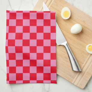 Retro Checkerboard Checkered Pattern Pink Orange Tea Towel