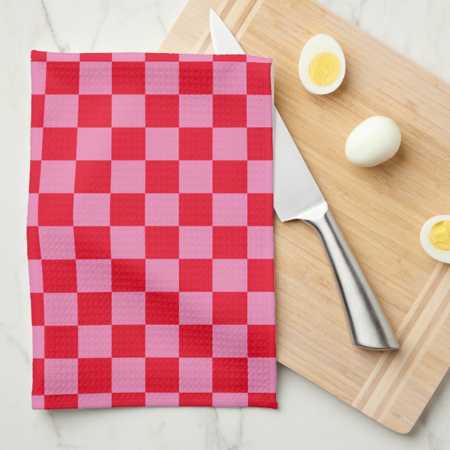Retro Checkerboard Checkered Pattern Pink Orange Tea Towel (Quarter Fold)