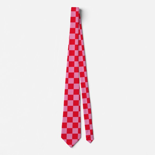 Retro Checkerboard Checkered Pattern Pink Orange Tie (Front)