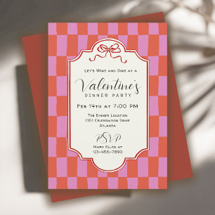 Retro Checkerboard Handdrawn Bow Valentine Dinner Invitation