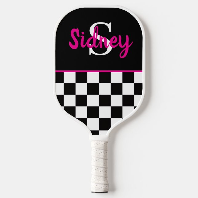 Retro Checkerboard Neon Pink Name Monogam Pickleball Paddle (Front)