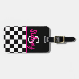 Retro Checkerboard Neon Pink Name Monogram Luggage Tag