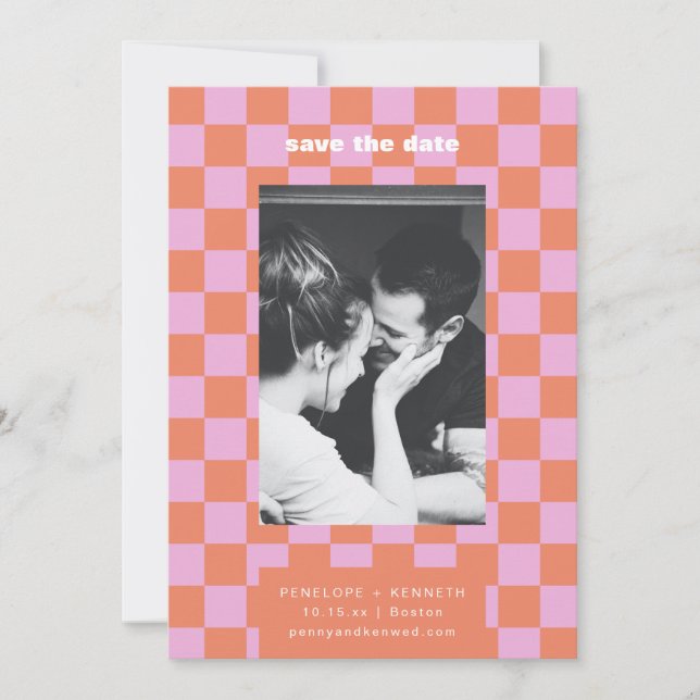 Retro Checkerboard Pink Orange Mod Wedding Photo Save The Date (Front)