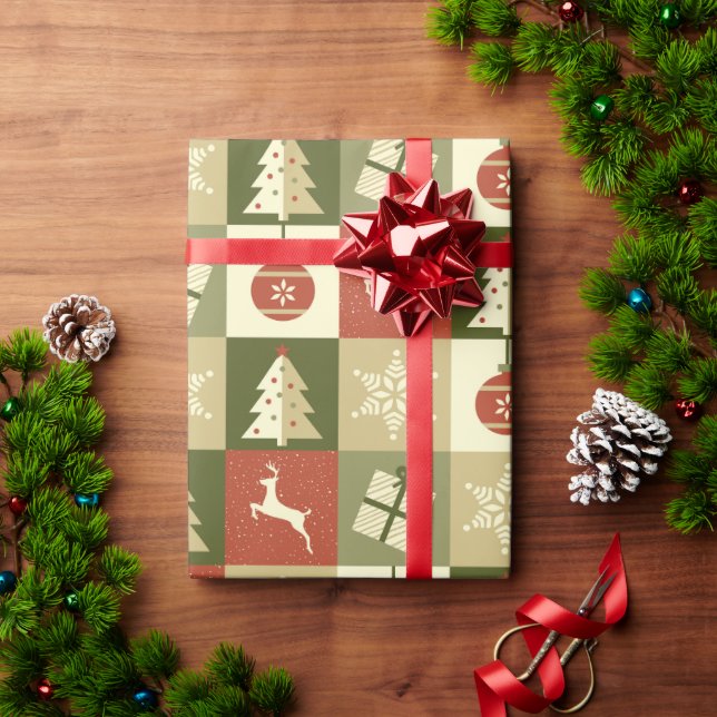 Retro Checkered Christmas Red and Green  Wrapping Paper (Holiday Gift)