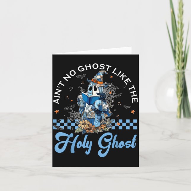 Retro Checkered Floral Denim Ghost Black Cat Witch Card (Front)