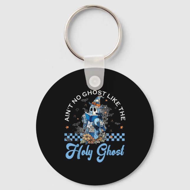 Retro Checkered Floral Denim Ghost Black Cat Witch Key Ring (Front)