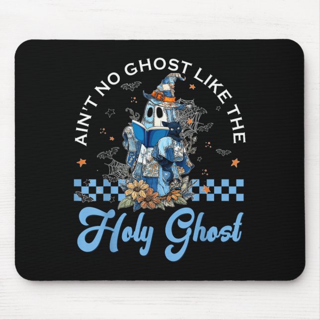 Retro Checkered Floral Denim Ghost Black Cat Witch Mouse Mat (Front)