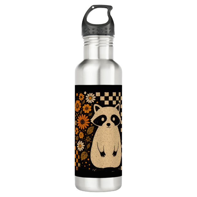 Retro Checkered Halloween Raccoon 710 Ml Water Bottle (Front)