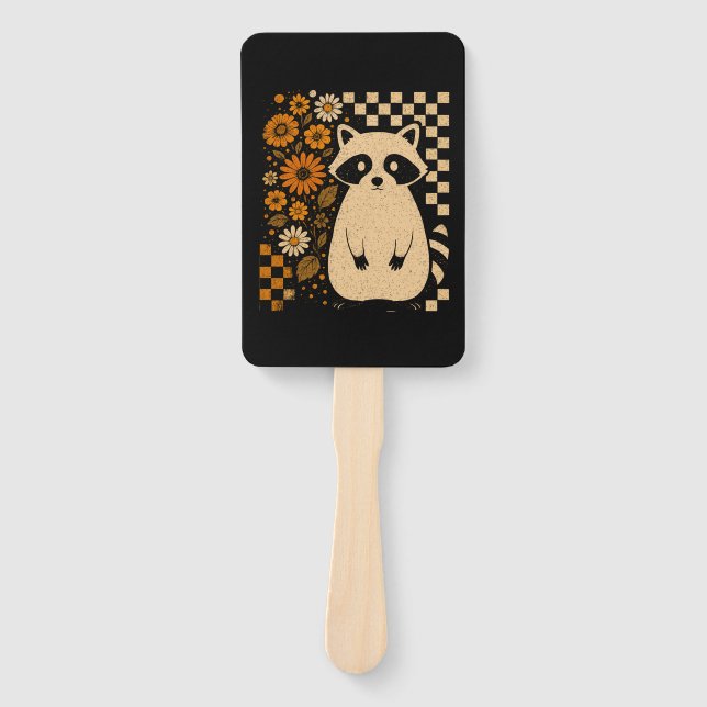 Retro Checkered Halloween Raccoon Hand Fan (Front)