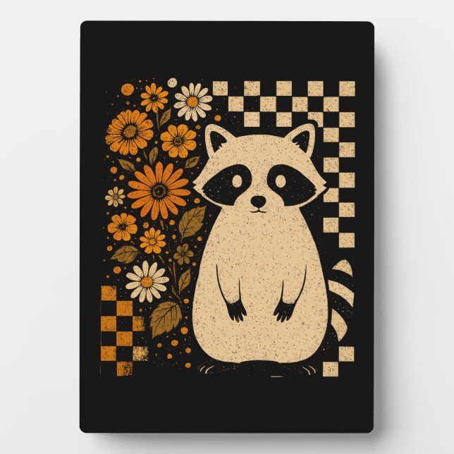 Retro Checkered Halloween Raccoon Plaque (Front)