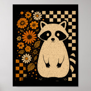 Retro Checkered Halloween Raccoon Poster