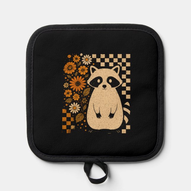 Retro Checkered Halloween Raccoon Pot Holder (Front)