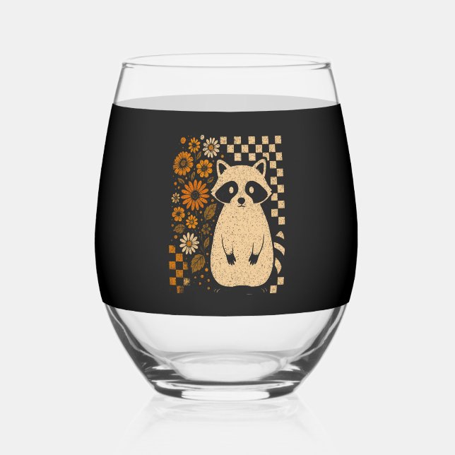 Retro Checkered Halloween Raccoon Stemless Wine Glass (Front)