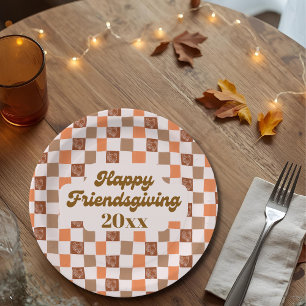 Retro Checkered Happy Friendsgiving Year Paper Plate