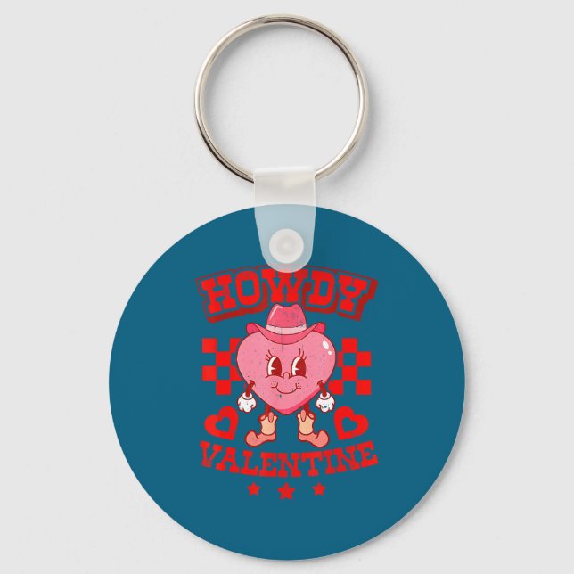 Retro Checkered Howdy Western Valentines Day Cowbo Key Ring (Front)