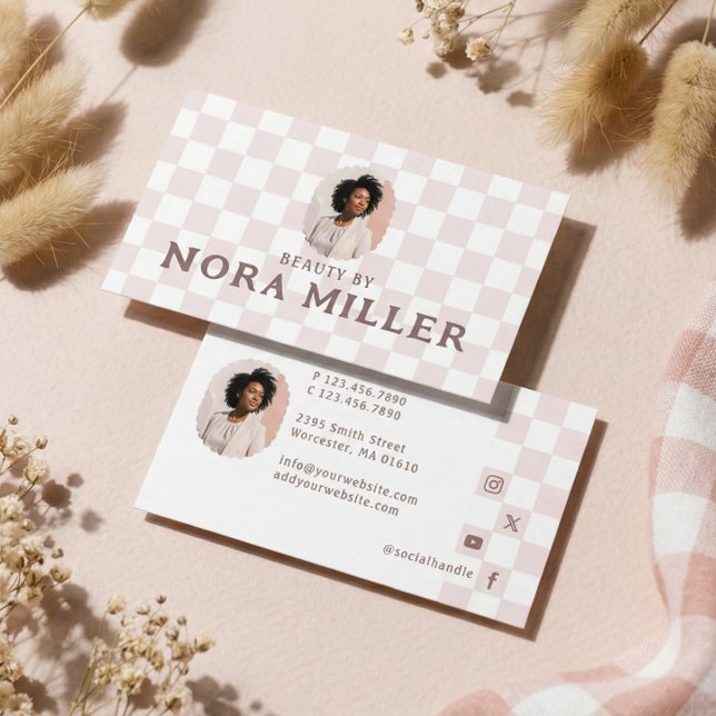 Retro Checkered Pattern Beauty Professional Photo  Business Card (Retro Checkered Pattern Beauty Professional Photo Business Card)