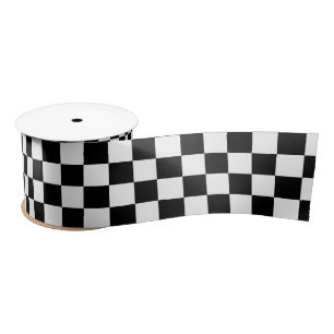 Retro Checkered Pattern Plaid black and white Satin Ribbon