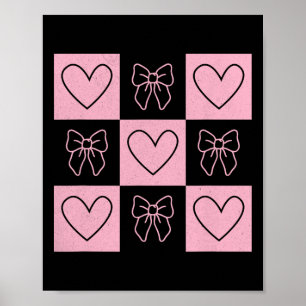 Retro Checkered Valentine Day Heart Coquette Bow W Poster