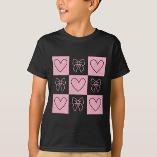Retro Checkered Valentine Day Heart Coquette Bow W T-Shirt