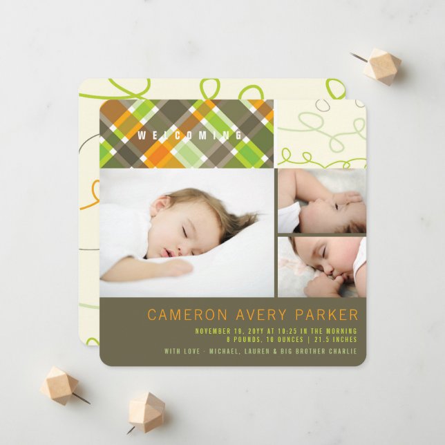 Retro Checks and Scribbles Chic 3 Photo Boy Birth Announcement (Front/Back In Situ)