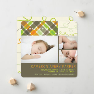 Retro Checks and Scribbles Chic 3 Photo Boy Birth Announcement