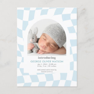 Retro Checks Blue Boy Photo Birth Announcement