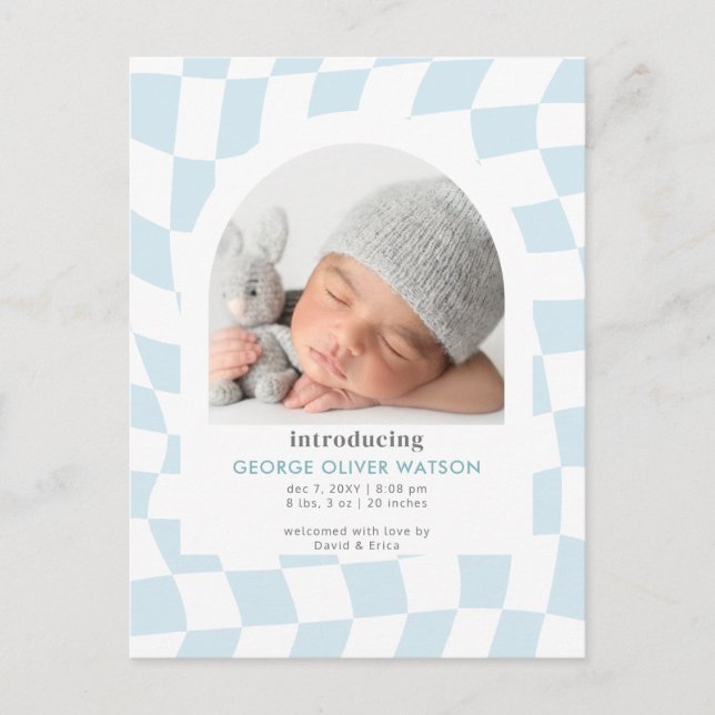 Retro Checks Blue Boy Photo Birth Announcement (Front)