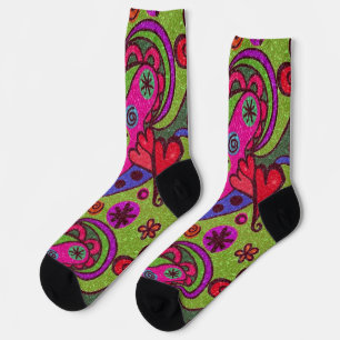 Retro Cheerful Hearts and Flowers Multicolor Socks
