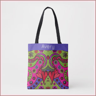 Retro Cheerful Hearts and Flowers Multicolor Tote Bag