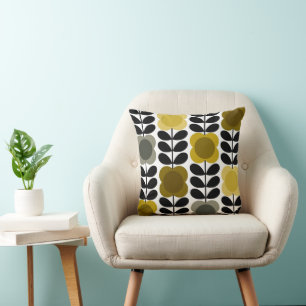 Retro Cheerful Spot Flowers Stem, Yellow Grey Cushion
