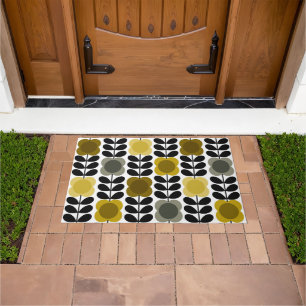 Retro Cheerful Spot Flowers Stem, Yellow Grey Doormat