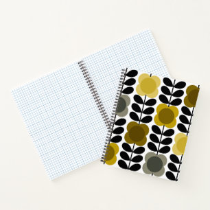 Retro Cheerful Spot Flowers Stem, Yellow Grey Notebook