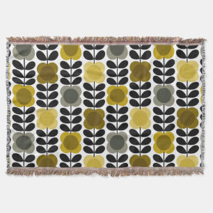 Retro Cheerful Spot Flowers Stem, Yellow Grey Throw Blanket