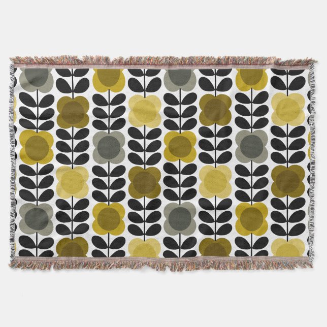 Retro Cheerful Spot Flowers Stem, Yellow Grey Throw Blanket (Front)