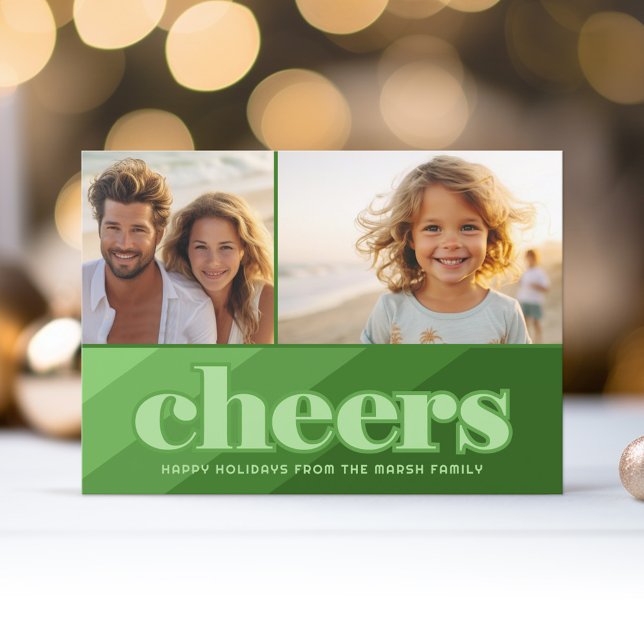 Retro Cheers Line Art Green - 2 Photo - 70s Vibe Holiday Card (Retro Stripe Christmas Card with 2 Photos - Vibrant Olive Green Shades - Print and Download Option)