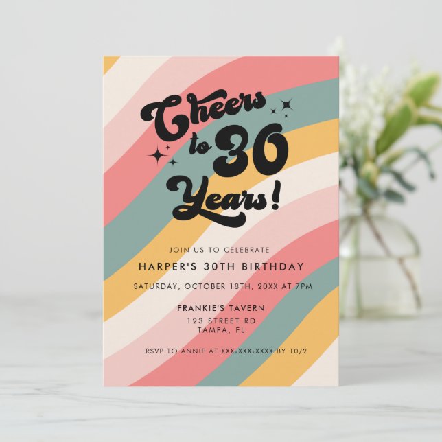 Retro Cheers to 30 Years Colourful 30th Birthday Invitation (Standing Front)