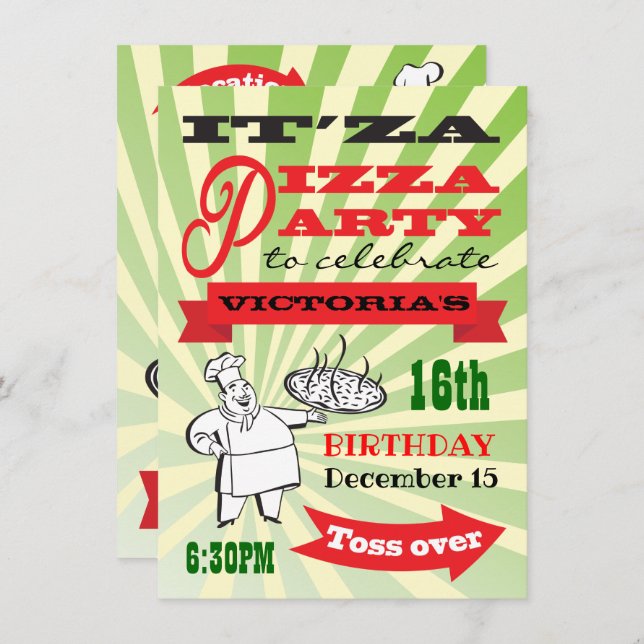 Retro Chef Pizza Birthday Party Poster Style Invitation (Front/Back)