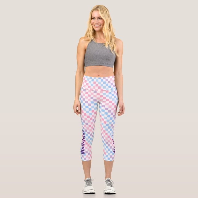 Retro Chequerboard 1990s 2000s Y2K Pastel Add Name Capri Leggings (Front)