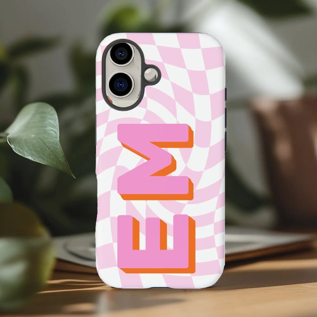 Retro Chequerboard Aesthetic Monogram Case-Mate iPhone Case (Pink Aesthetic retro initials checkerboard pattern iphone 16 plus  case)